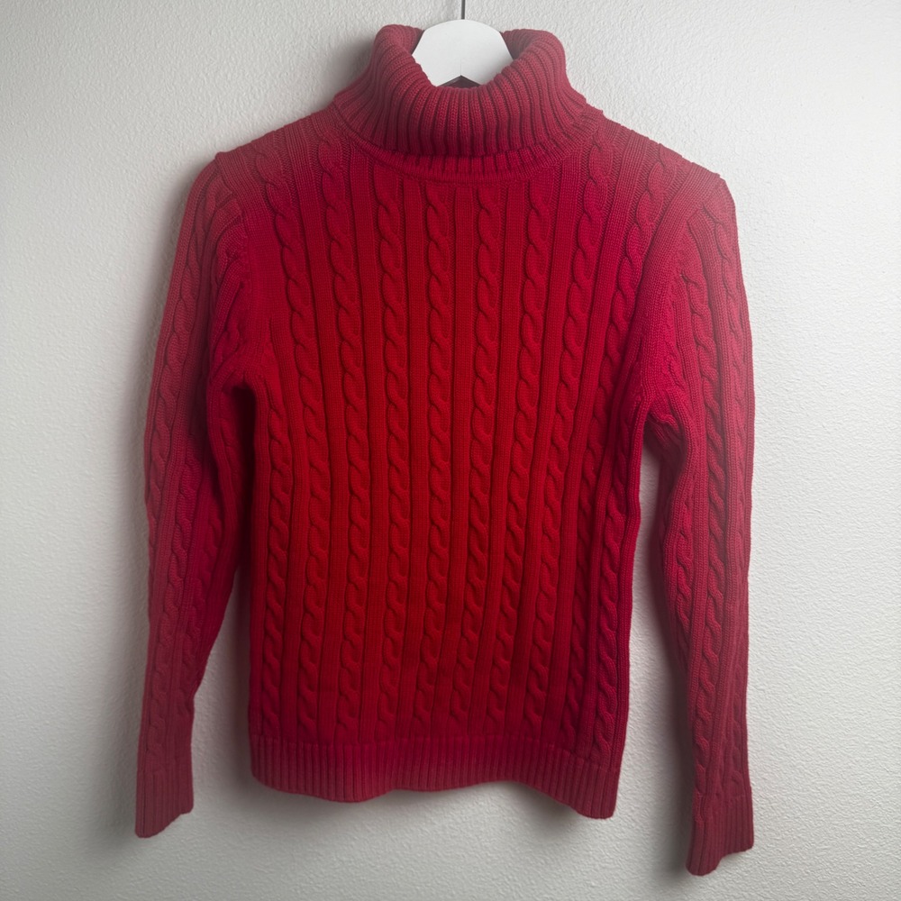 LL Bean Double L Cable Knit Turtleneck Sweater Medium Slim‎ Red Cotton 267611